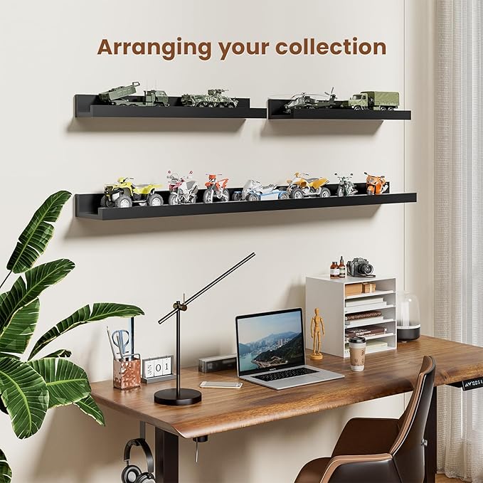 Heimlove 48 Inch Picture Ledge Shelf with Lip,Black Floating Shelves for Wall Set of 3,Long Wall Shelves in Varying Depths for Living Room,Bedroom,Nursery,Bookshelf