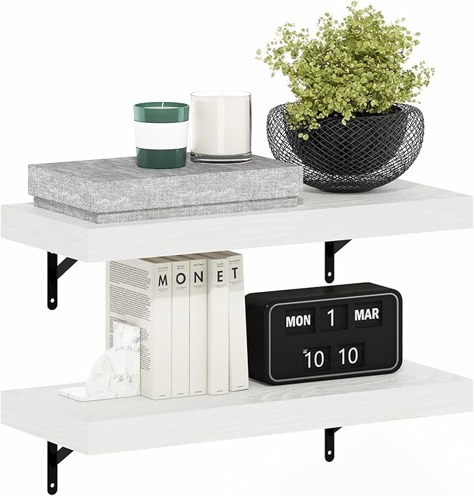 Furinno Tanna Floating Shelves for Wall Set of 2, 22-Inch Wall Shelf, Triple Thick Floating Mounted Shelf, for Bathroom, Home Office, Living Room, White Texture