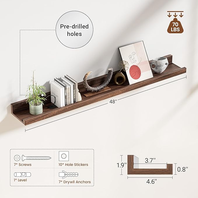Heimlove Picture Ledge Shelf,48 inch Long Floating Shelves for Wall Set of 2,Picture Shelf with Lip for Wall Decor,Living Room,Bedroom,Bookshelf,Nursery,Perfume,Walnut Color