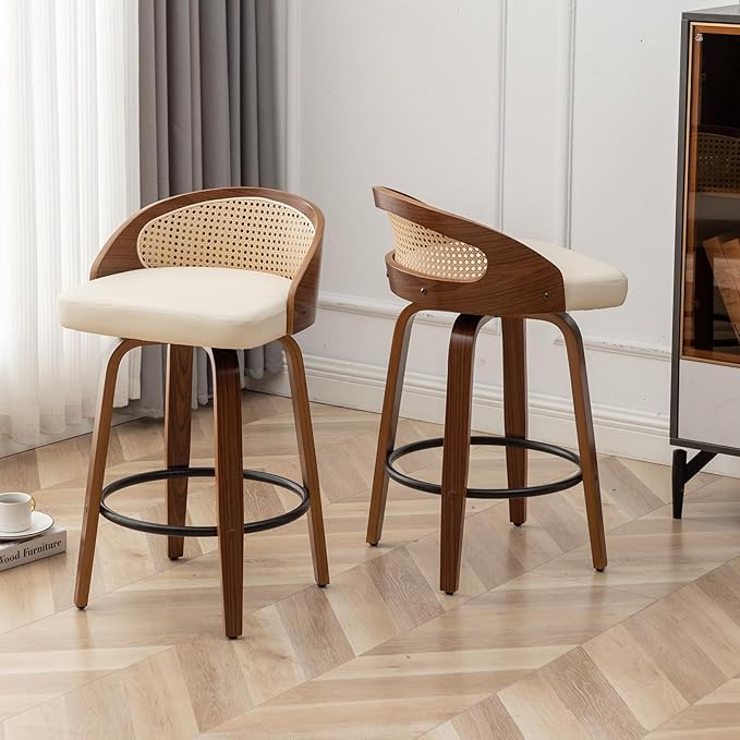 30" Swivel Rattan Bar Stools Set of 3 Mid-Century Modern Faux Leather Upholstered Bar Height Stools Kitchen Island Barstool with Rattan Low Backrest,Walnut Wood Finish Bar Chairs,Beige PU