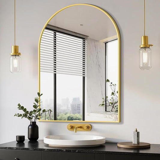 Delma Arched Bathroom Mirror, 26"x38" Wall Mounted Vanity Mirror for Bedroom, Living Room and Entryway, Gold