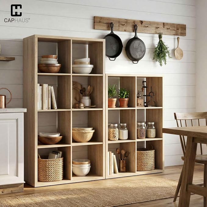 CAPHAUS Sturdy Room 13-Inch Cube Storage Organizer Shelf, with Extra Thick Exterior Edge, Open Storage Shelf Divider, Bookcase, 8-Cube, Natural Oak