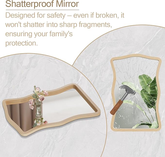 ULIKE Wavy Wall Mirror for Bathroom, 24x36 Wood Frame Mirror for Over Sink, Rustic Wall Mirrors Decorative and Vanity Mirrors for Bedroom Living Room Entryway, Natural