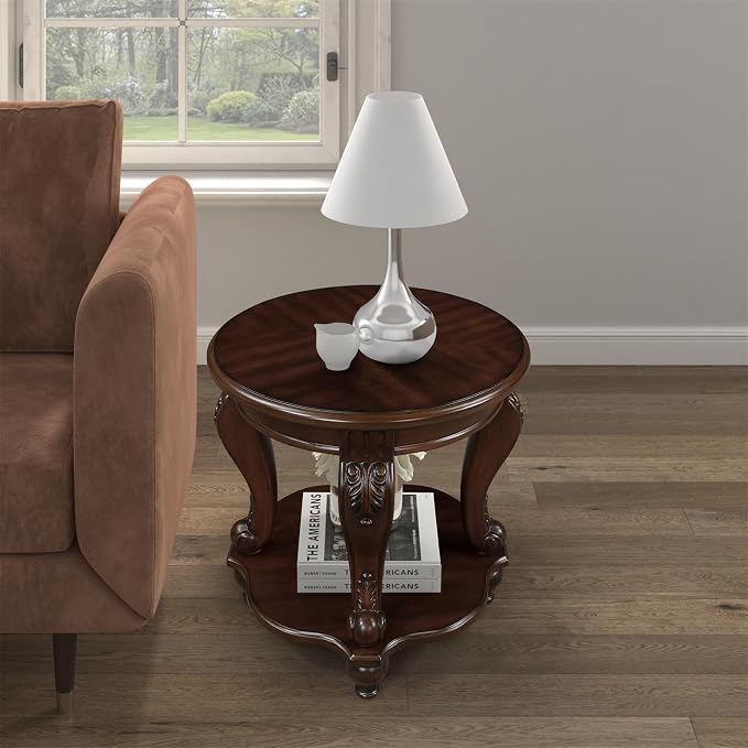 22'' Round End Table Solid Wood Sofa Side Table with Storage Shelf, Living Room Corner Table Retro Accent Table with Cherry Finish, Easy Assemble Round Bedside Table Night Stand for Small Space