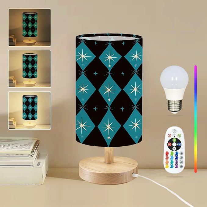 Bedside Table Lamp Atomic era diamond seamless pattern starbursts Mid century inspired 16-Way Dimmable Small Desk Lamp with Round Flaxen Fabric Shade for Nightstand Bedroom Living Room Home Decor