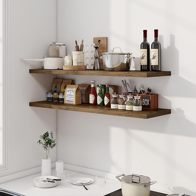 Dreamland 48" Floating Shelves for Wall, 12" Deep Slim Rustic Brown Floating Shelves, Wall-Mounted Shelves for Bedroom, Living Room, Kitchen, Bathroom - Set of 2