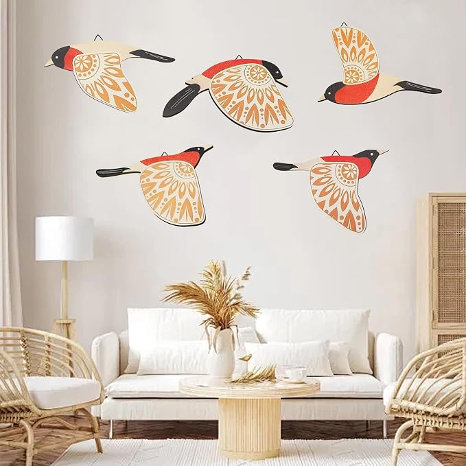 EMINGSKY 5 Pcs Wooden Bird Wall Art Wood Flying Birds Wall Decor Boho Rustic Folk Art Home Decor for Gift Living Room Bedroom Kitchen Office (Orange)
