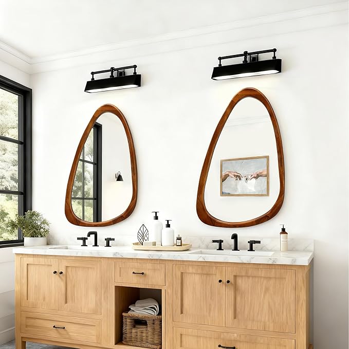 Asymmetrical Mirror, 30"x20" Unique Irregular Wall Mirror, Wood Mid Century Modern Mirror Decor for Bathroom Bedroom Living Room Entryway Hallway (Natural Wood)