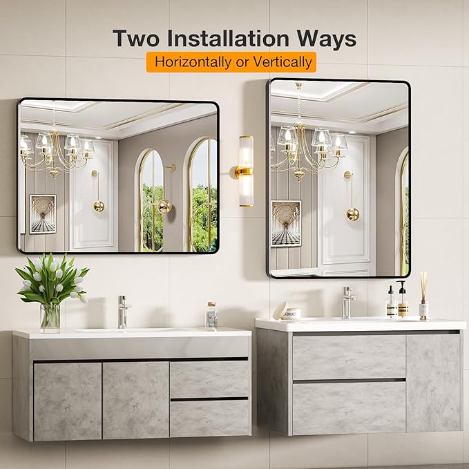 30x40 inch Black Rectangle Bathroom Mirror, Metal Aluminum Frame, HD Tempered Glass, Horizontal/Vertical Hanging, Modern Over Sink Mirror