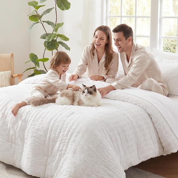 CozyLux Full Size Comforter Sets White, 7 Pieces Seersucker Textured Luxury Bed in a Bag, All Seasons Soft Bedding Sets with Down Alternative Comforter, Sheets, Pillowcases & Shams, Home Gift