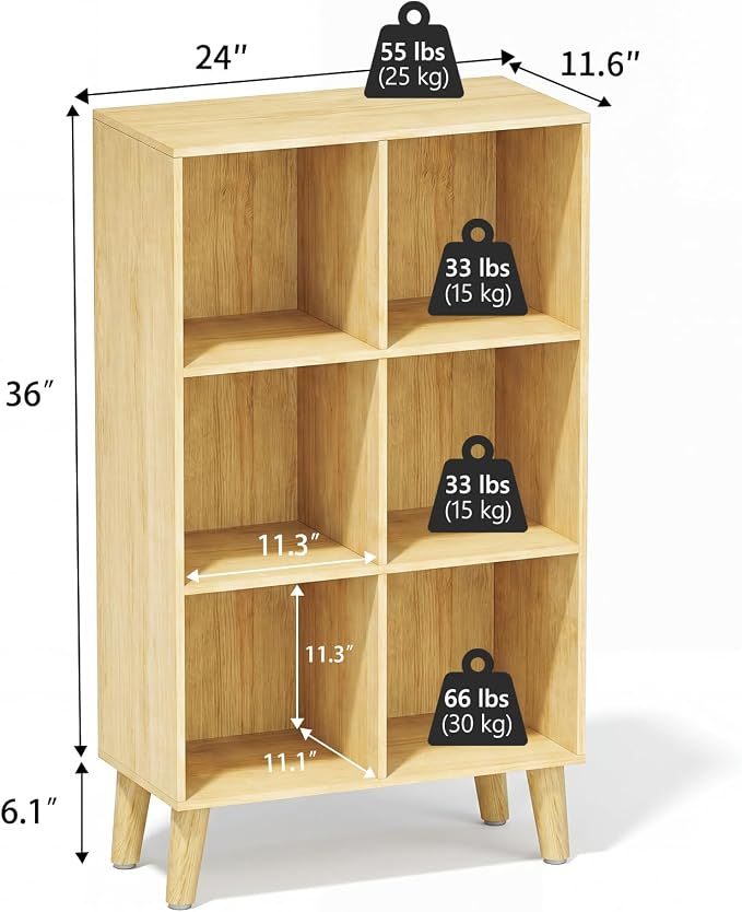 6 Cube Storage Organizer with Legs, 3 Tier Cube Low Bookcase Freestanding Storage Display Organizer for Home Office, Six-Cubes Open Shelf Bookshelf (Natural Oak, 6 Cube Vertical)