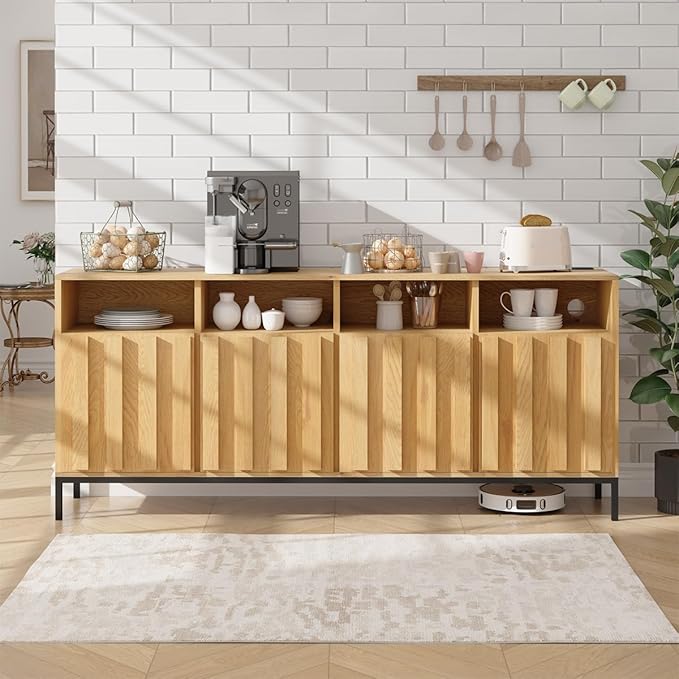 COCO DESIGN 70" Buffet Sideboard Cabinet with Fluted Panel Doors, Large Credenza Console with Power Outlet & Adjustable Shelves, Modern Storage Cabinet for Kitchen & Living Room, Oak
