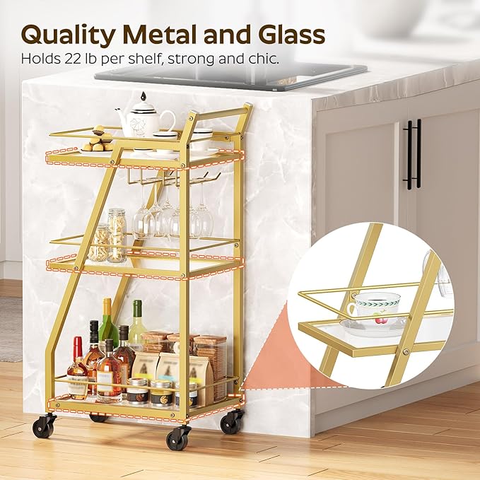 Bar Cart for The Home, Small Bar Cart on Wheels, Home Bar Serving Cart with Glass Holder, for Kitchen, Transparent and Gold BC03GD
