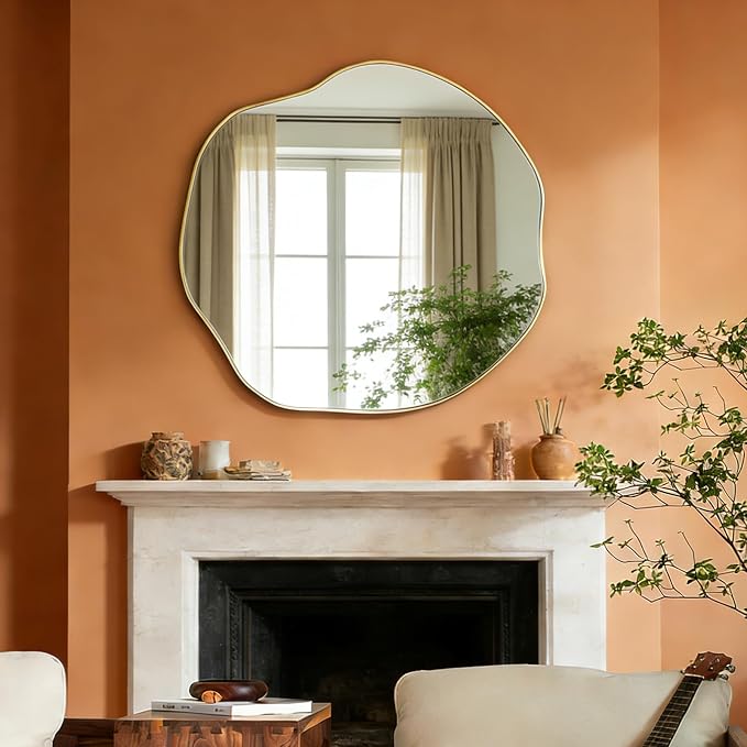POZINO Irregular Wall Mirror, 35" Scalloped Asymmetrical Art Deco Mirror, Gold Organic Shape Frameless Mirrors for Entryway Living Room Bedroom Hallway, Horizontal or Vertical Hanging