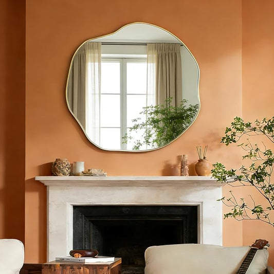 POZINO Irregular Wall Mirror, 35" Scalloped Asymmetrical Art Deco Mirror, Gold Organic Shape Frameless Mirrors for Entryway Living Room Bedroom Hallway, Horizontal or Vertical Hanging