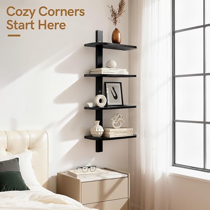 Afuly Black Floating Shelves for Wall Display Shelf Unit Modern Decorative Solid Wood Shelving Home Decor Living Room Bedroom Coffee Bar Bathroom Small Space Plant Photo Set of 4