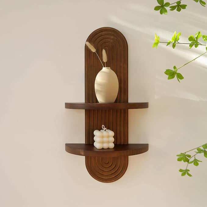 GRID FORTE Modern Wall Shelf with Arched Wood Design Mid-Century Double Floating Rainbow Shelves for Indoor Decoration Holding Planter Ornaments, 22 x 11.6 Inch (Walnut)