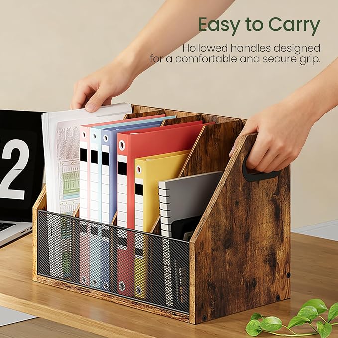 CHOEZON Wooden Desktop File Organizer with Removable Dividers, Mesh Front Panel for Paper, Mail, Magazine, Home Office Desk Storage, Easy Assembly, Rustic Brown MWJ06FG