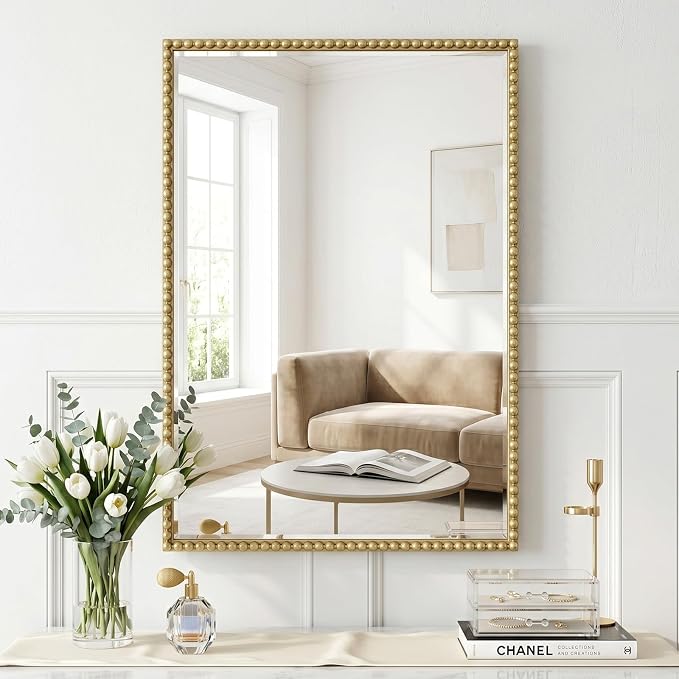 Uniclinens Vintage Rectangle Mirror Decor - Antique Large Gold Beaded Mirror for Wall Decor with Metal Frame, Ideal for Bathroom,Entryway, Fireplace, Living Room, Hallway,24"X36"
