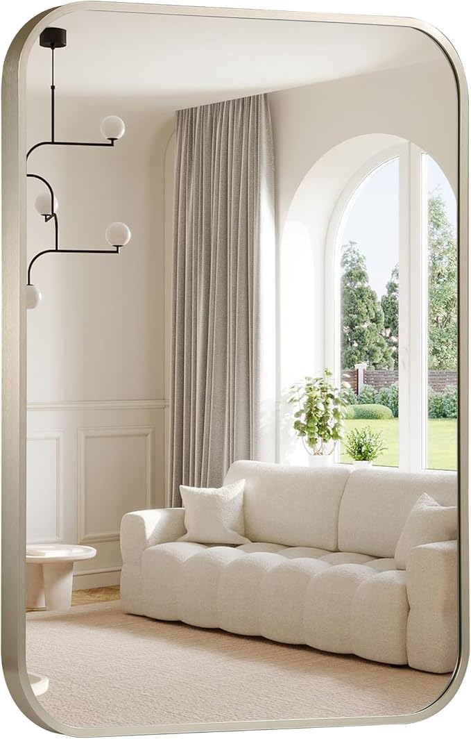 24x32 Inch Brushed Nickel Bathroom Mirror for Wall，Framed Rectangle Mirror with Rounded Corner,Brushed Nickel Mirror for Bedroom or Living Room,Vertical or Horizontall