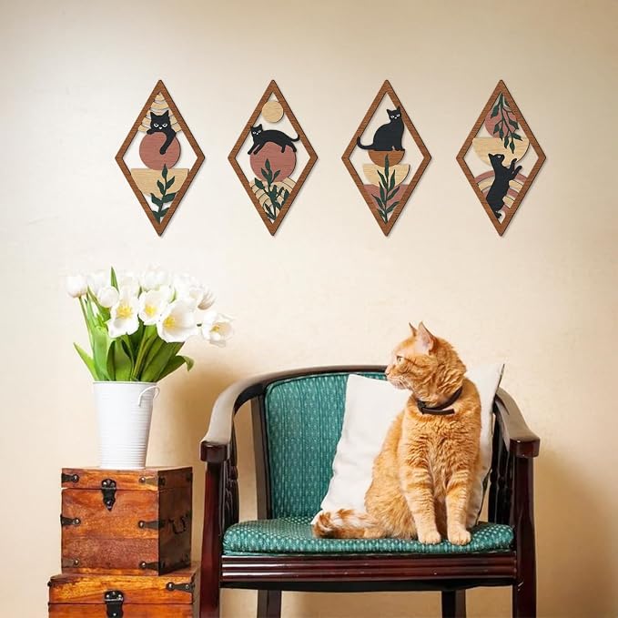 TOARTi 4Pcs Minimalist Boho Black Cat Wall Art Set Geometric Wooden Cat Wall Decor Bohemian Black Cats Hanging Sign Abstract Boho Cats Wood Sign for Bedroom Living Room Farmhouse Aesthetic Geometric Artwork