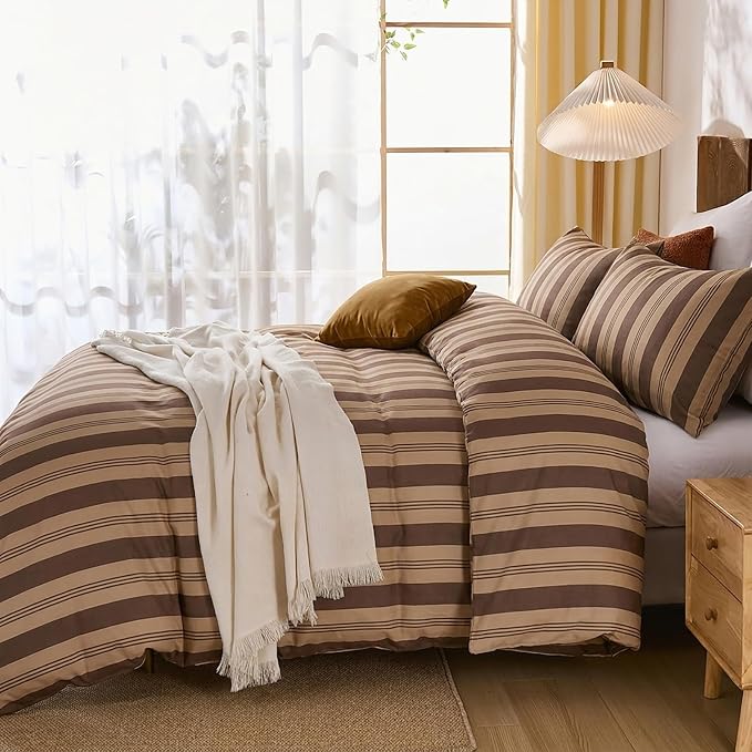 Merryword Brown and Khaki Striped Duvet Cover Set King Size, 100% Cotton Bedding Set with Zipper Closure & 8 Corner Ties, Awning Stripe Bedding, Soft Breathable Comforter Cover for All Seasons