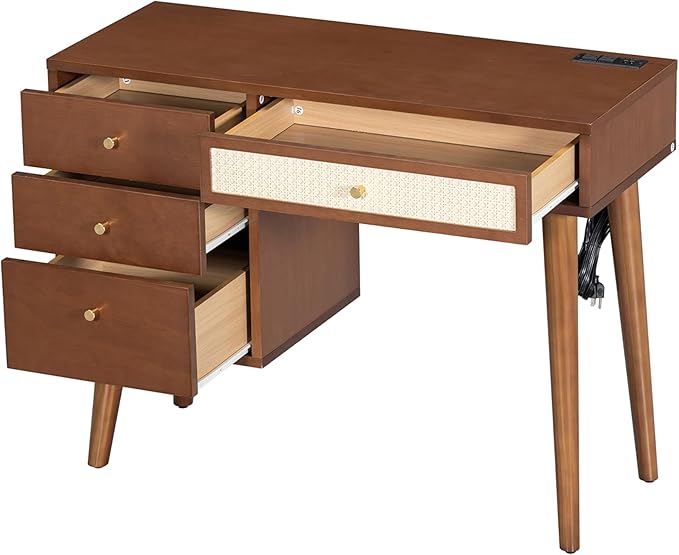 Walnut Vanity Desk No Mirror 39" Vintage Vanity Table with 4 Drawers & Power Outlet Mid-Century Modern Vanity Set for Girls with Stool & Rattan Decor