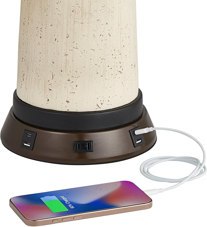 360 Lighting Rocco Mid Century Modern Table Lamp with USB and AC Power Outlet Workstation Charging Base Handmade 30" Tall Blue Ceramic Tan Drum Shade for Living Room Bedroom (Color May Vary)