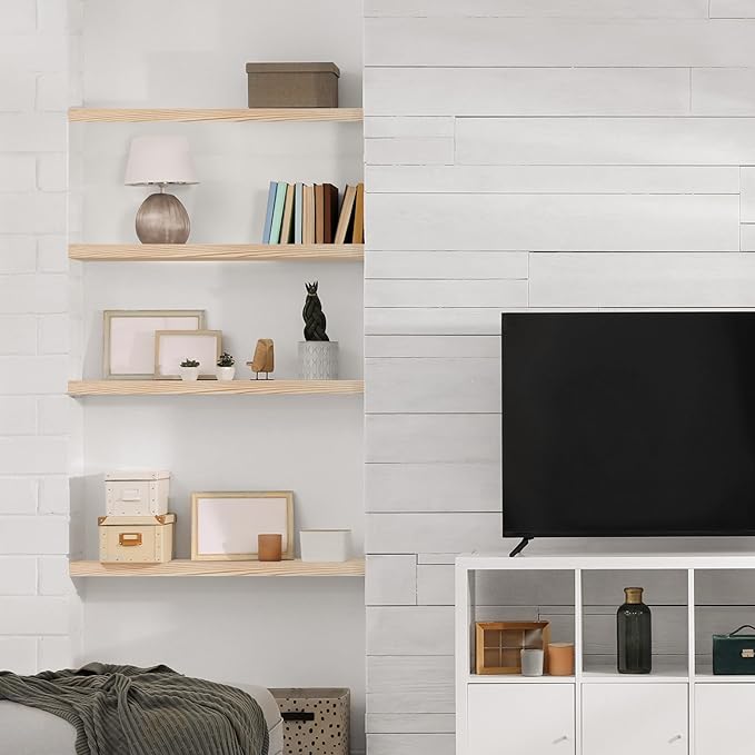 Sorbus Wood Floating Shelves for Wall - 35” Solid Wood Shelves for Bathroom Decor, Books, Bedroom & Living Room - Set of 2 Natural Wall Mounted Kitchen Shelves - Durable Solid Pine