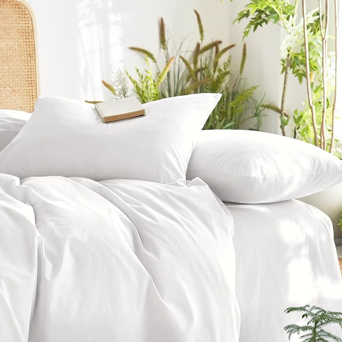 Wake In Cloud - Cotton Duvet Cover Set, 100% Washed Cotton, Linen Like Textured, Breathable Durable Comfy Farmhouse Neutral Bedding Set, 3 Pieces, White, Queen Size