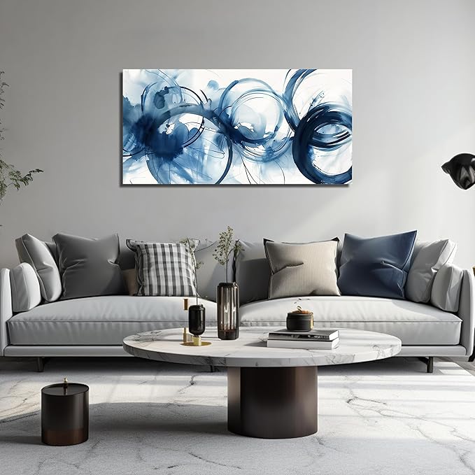 Abstract Circle Canvas Wall Art for Bedroom Blue and White Wall Decor for Dining Room Big Modern Poster Wall Art for Apartment Size 24 x 48 Inch