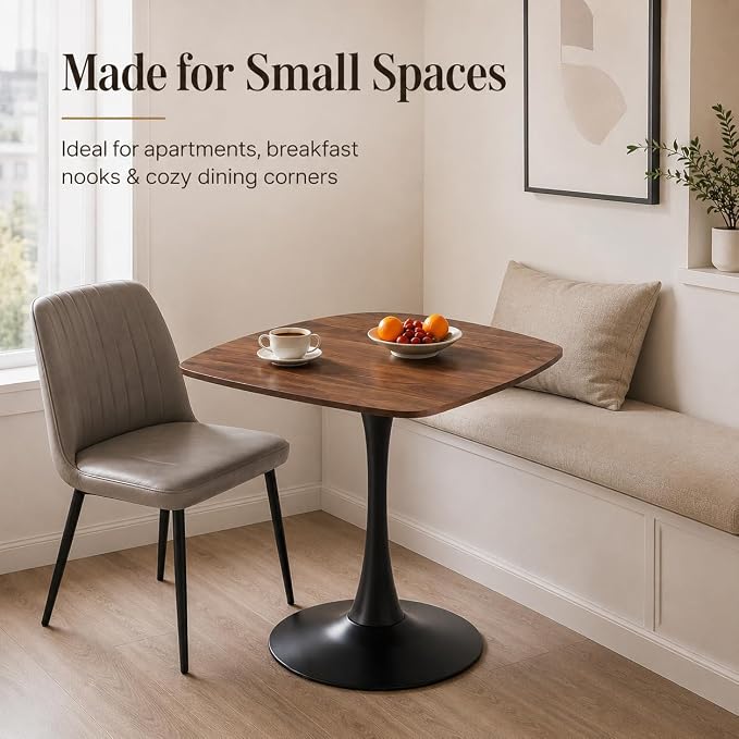 31.5" Square Dining Table, Modern Mid-Century Walnut Wood Grain Kitchen Table for 2-4, Black Metal Pedestal Base Small Space Dining Table for Apartment, Café, Breakfast Nook