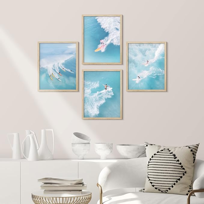 SIGNWIN Framed Ocean Nautical Landscape Wall Art, Set of 4 Surfing Surfboard Aerial View Wall Decor Prints, Nature Wilderness Wall Décor for Living Room, Bedroom - 11"x14"x 4 Natural