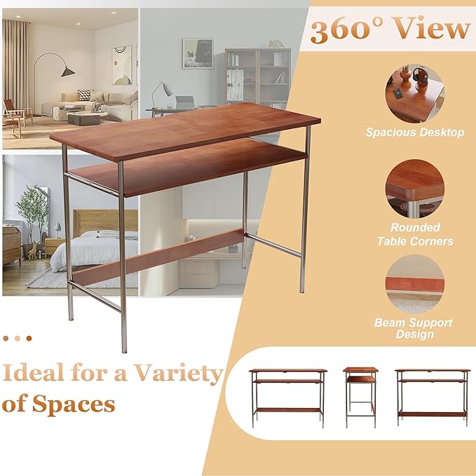 100% Solid Wood Desk, 39 Inch Writing Computer Desk for Small Spaces, Vintage Home Office Desks, Mid Century Modern Desks with Thickened Stainless Steel Legs for Study, Makeup & Workstation (Cherry)