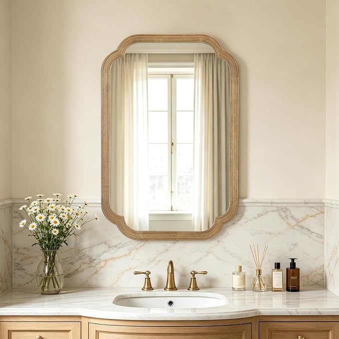 HOMECOOKIN Wood Bathroom Mirror for Wall Decor Arched Rounded Corner Rustic Wood Frame Wall Mirror Home Decorative for Vanity, Living Room, Bedroom, Entryway (20 x 30 inch, Honey A)