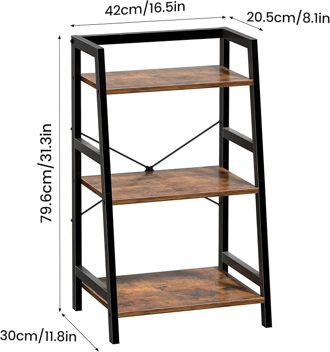 3-Tier Bookshelf, Ladder Shelf for Small Spaces, Industrial Short Bookshelf, Small Bookcase for Living Room, Bedroom, Home Office, Kitchen, 11.8 "D x 16.5" W x 31.3 "H, Rustic Brown