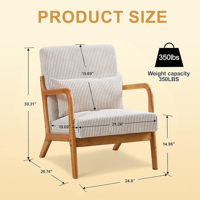 HjaustevyAccent Chairs, Mid Century Modern Chair with Pillow, Arm Chair with Solid Wood, Reading Relaxing Leisure Chair for Living Room, Waiting Room, Beige
