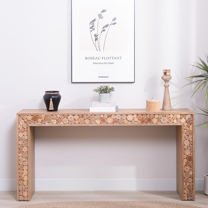 Wood Console Table, 62" Retro Long Sofa Table Behind Couch with Natural Log Accents, Farmhouse Wooden Narrow Sofa Table Hall Table for Living Room Foyer Entrance Entryway, Natural