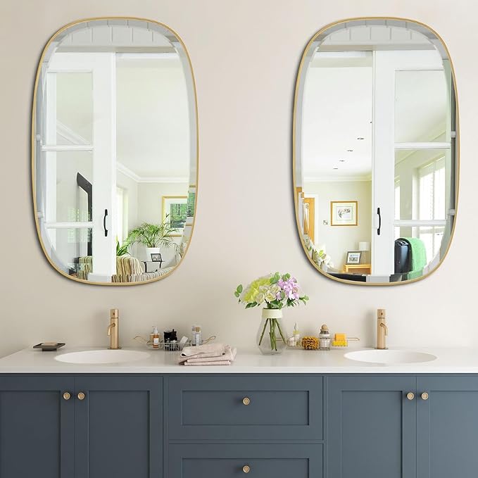 POZINO Brushed Gold Beveled Mirror, 24"x40" Modern Rounded Rectangle Mirrors, Brass Oval Mirrors, Oblong Vanity Wall Mirror in Premium Stainless Steel Frame, Hangs Horizontal Or Vertical