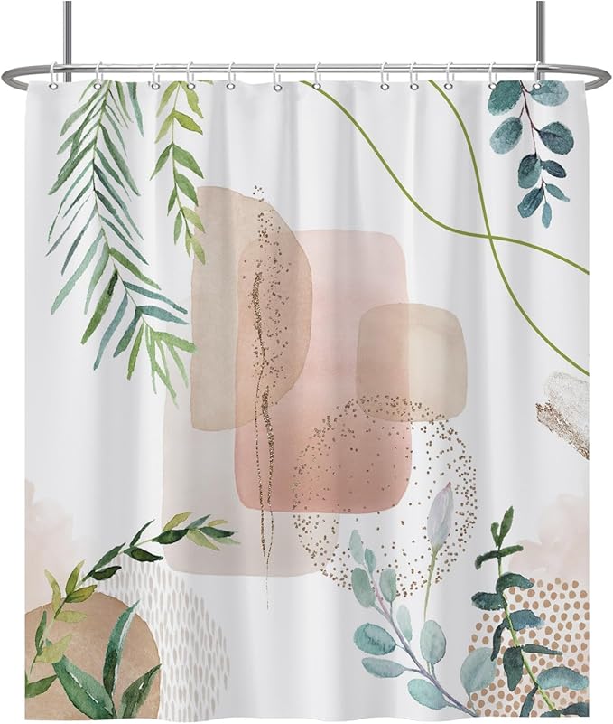 Baocicoo Minimalist Leaves Shower Curtain - Modern Abstract Geometric Botanical Shower for Bathroom, Family, Camping, Hostel - Polyester with Hooks - 72x78 Inches