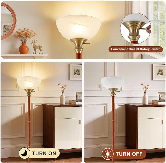 EJIAXIN Wood Floor Lamp for Living Room - Gold Standing Lamp with Glass Shade Torchiere Floor Lamps for Bedroom - Mid Century Modern Corner Tall Lamps for Home Office Nursery Industrial Reading Light
