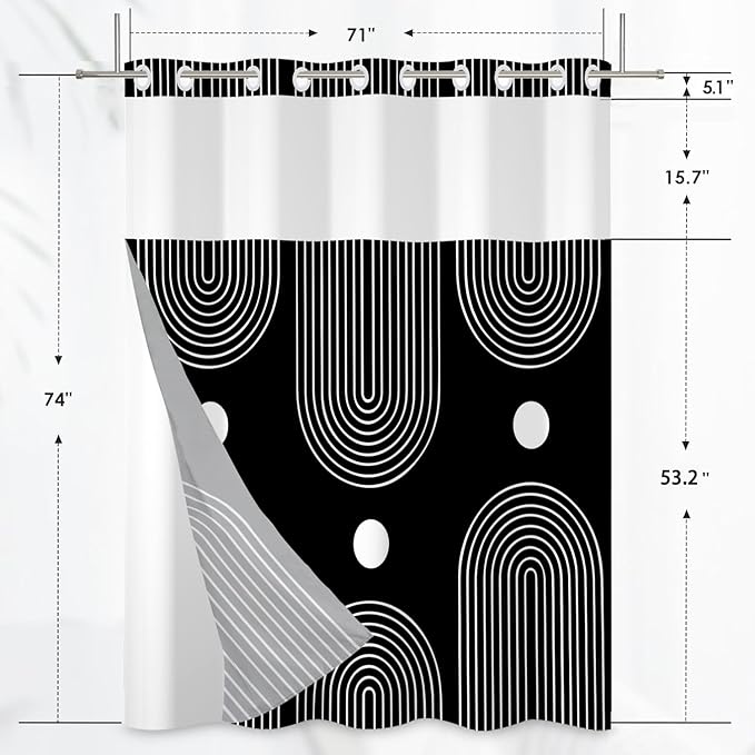 No Hook Shower Curtain with Snap in Liner Boho Mid Century Shower Curtains for Bathroom Hotel Double Black Bath Curtain Washable 71x74 Inch