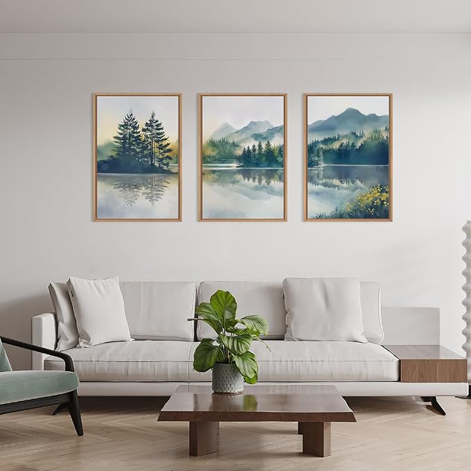 HPNIUB Large Green Mountain Framed Canvas Wall Art Set, Nature Foggy Forest Lake Reflection Wall Decor,Modern Pine Tree Artwork,Watercolor Landscape Art Print for Living Room,Bedroom,Office-16 x24 x3