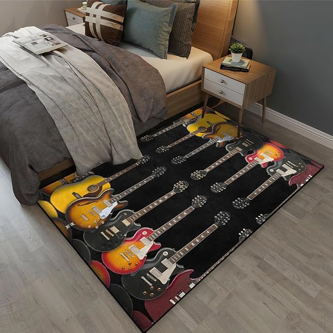 Vintage Guitar Black Area Rug, Guitar Music Lover Non Slip Living Room Rugs, Breathable Durable Carpet for Indoor Bedroom Conference Room Office Decor Rug - 4 ft x 6 ft