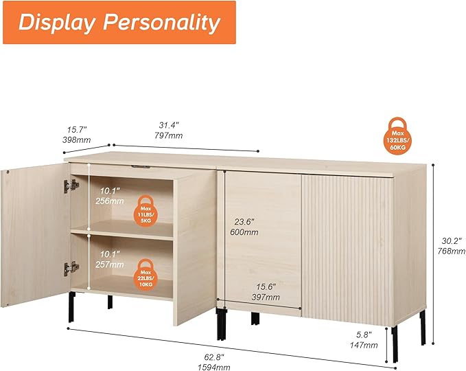 WAMPAT 63" Sideboard Buffet Cabinet with 4 Doors and Adjustable Shelves, Fluted Storage Cabinet, Modern Credenza Coffee Bar Wine Bar Table for Kitchen, Dining Room, Living Room,Beige