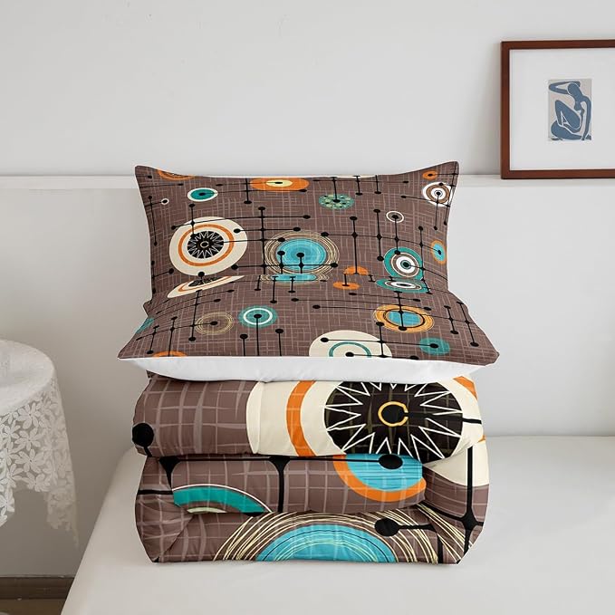 Geometric Grid Bedding Set Twin Brown Minimalism Comforter Set, Mid Century Duvet Insert Retro Atomic Quilt Comforter, Rainbow Circles Black Lines Bedding Comforters & Sets Abstract Room Decor