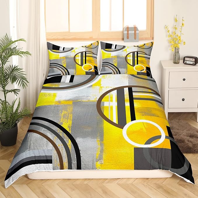 Erosebridal Ombre Duvet Cover King,Yellow Black Gray Comforter Cover for Kids Boys Girls,Geometric Circles Swirls Bedding Set,Grunge Oil Painting Artwork Quilt Cover with 2 Pillow Cases Zipper& Ties