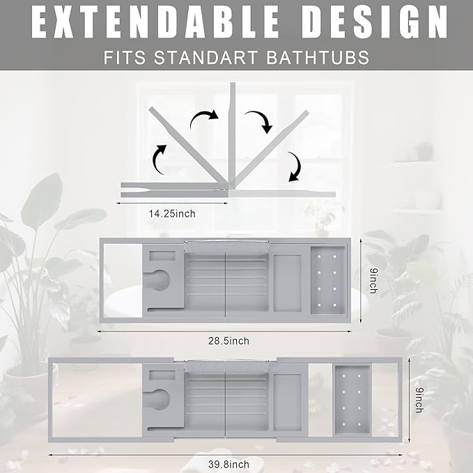 Foldable Bathtub Caddy Tray for Tub,Bamboo Expandable Bath Table Trays,Premium Bathroom Accessories for New Home & Mothers Day & Birthday Gifts for Couples,Gray