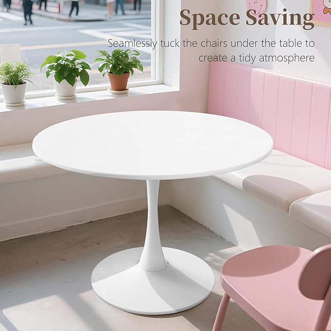 42 Inch Round Dining Table,Mid-Century Tulip Table with Metal Pedestal Base,Modern Leisure Table for Small Space Kitchen Dining Room,Easy Assembly,White