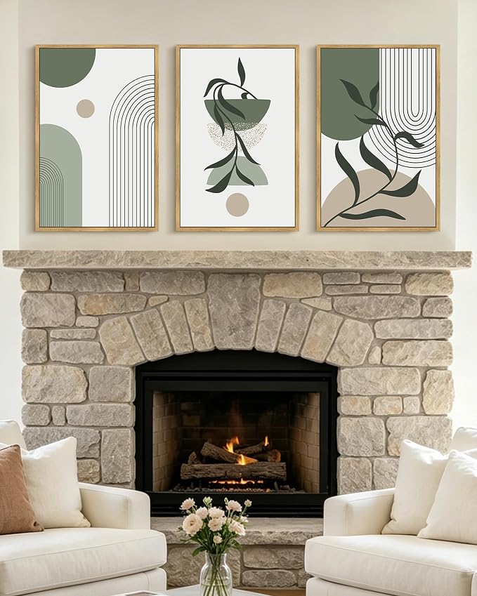 KUVIOKE Boho Wall Art Framed Botanical Modern Plants Wall Printing Green Neutral Abstract Geometric Prints Bohemain Sage Decor for Farmhouse Living Dining Room 16x24in (Natural Framed)